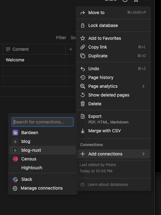 Notion page database integration